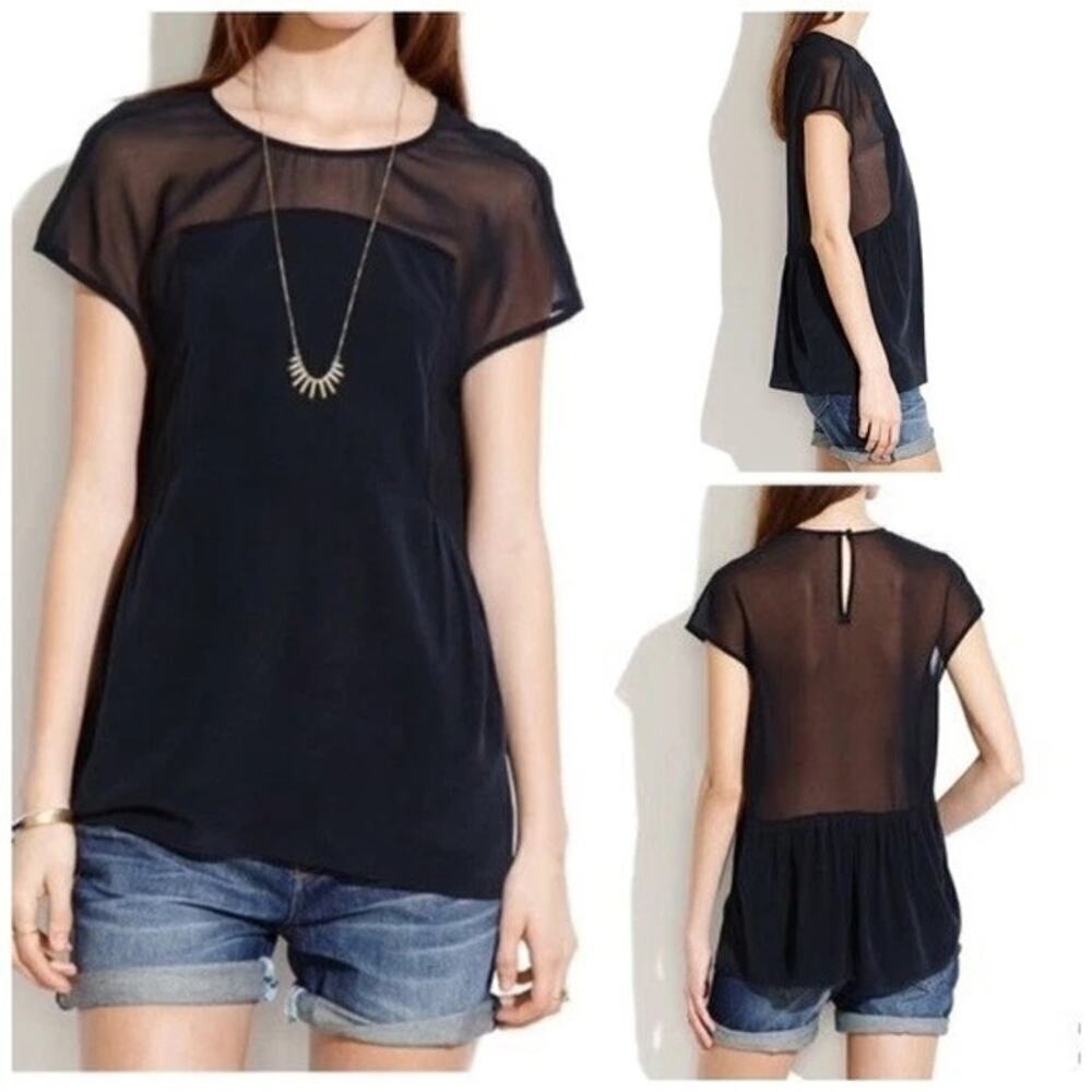 Madewell Horizonline Blouse Sheer Short Sleeve Peplum Top 100% Silk Black Small